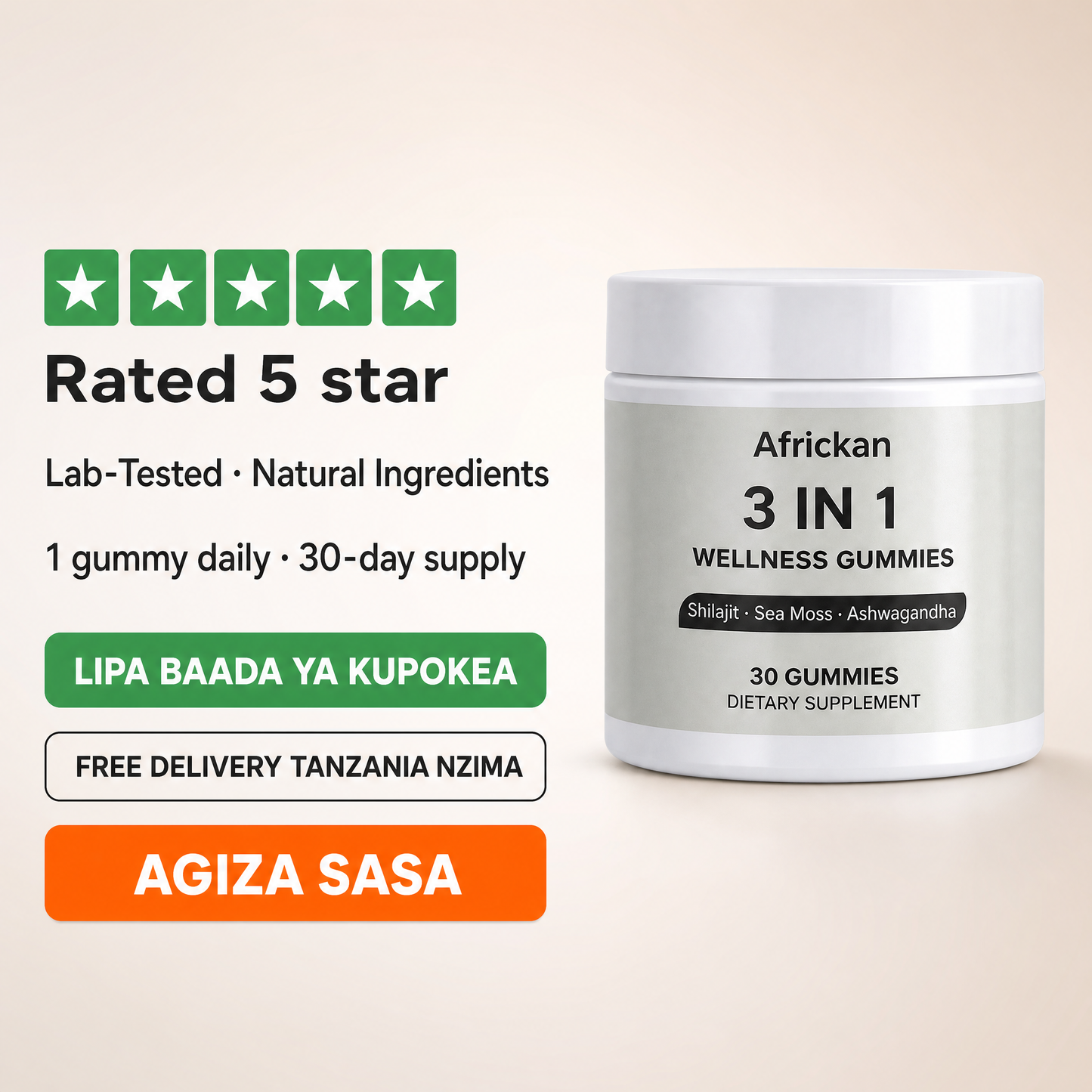 Africkan 3 in 1 Wellness Gummies · Shilajit, Sea Moss & Ashwagandha · 30 Gummies