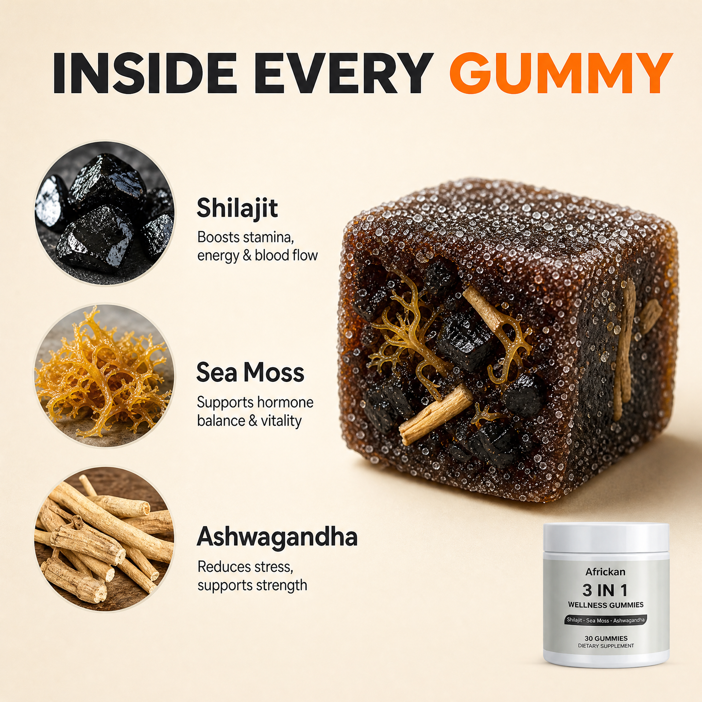 Africkan 3 in 1 Wellness Gummies · Shilajit, Sea Moss & Ashwagandha · 30 Gummies