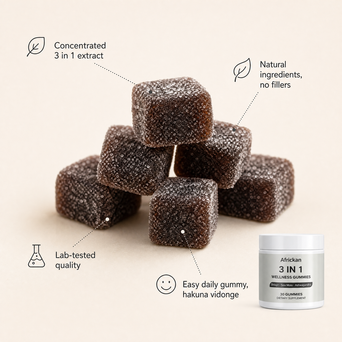 Africkan 3 in 1 Wellness Gummies · Shilajit, Sea Moss & Ashwagandha · 30 Gummies