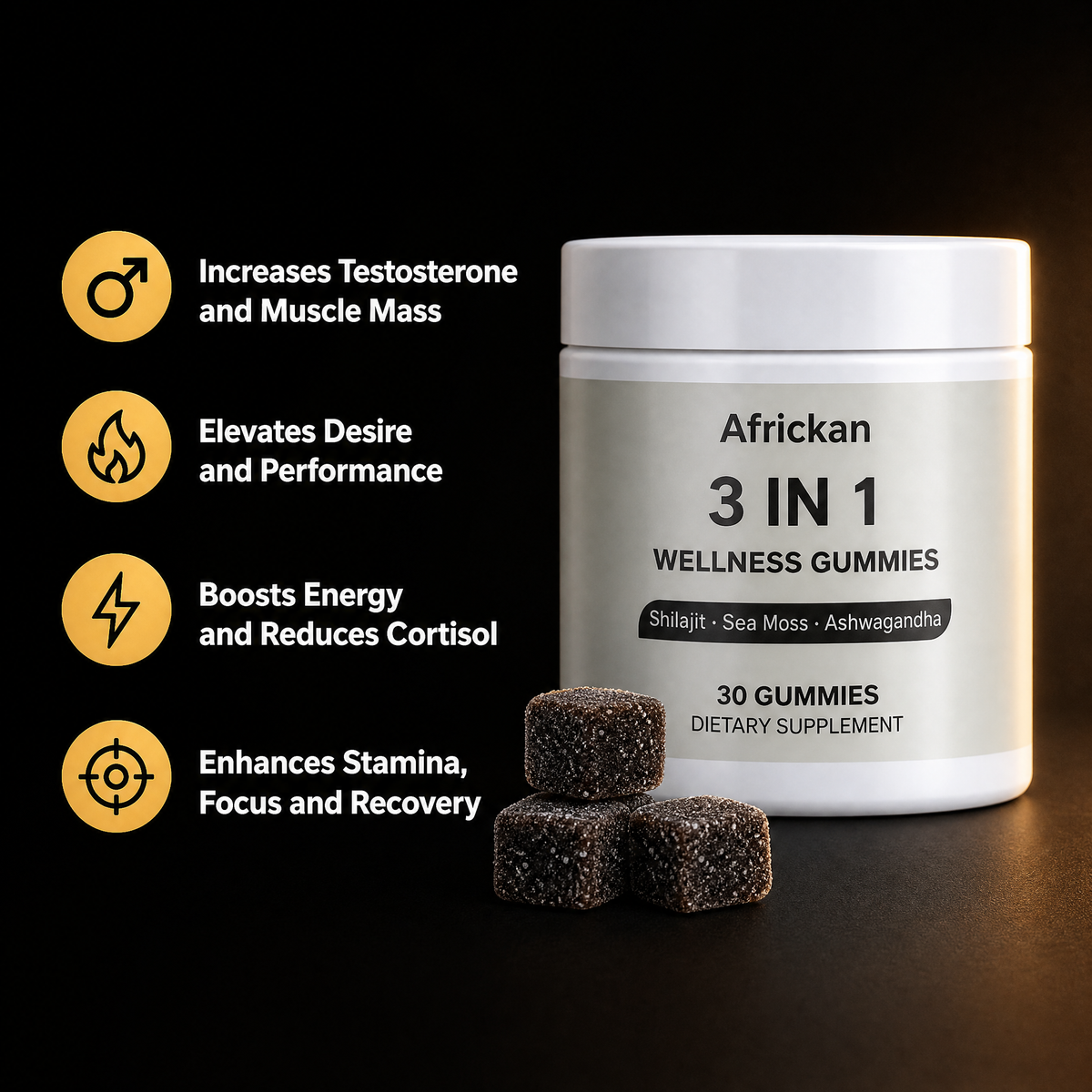 Africkan 3 in 1 Wellness Gummies · Shilajit, Sea Moss & Ashwagandha · 30 Gummies